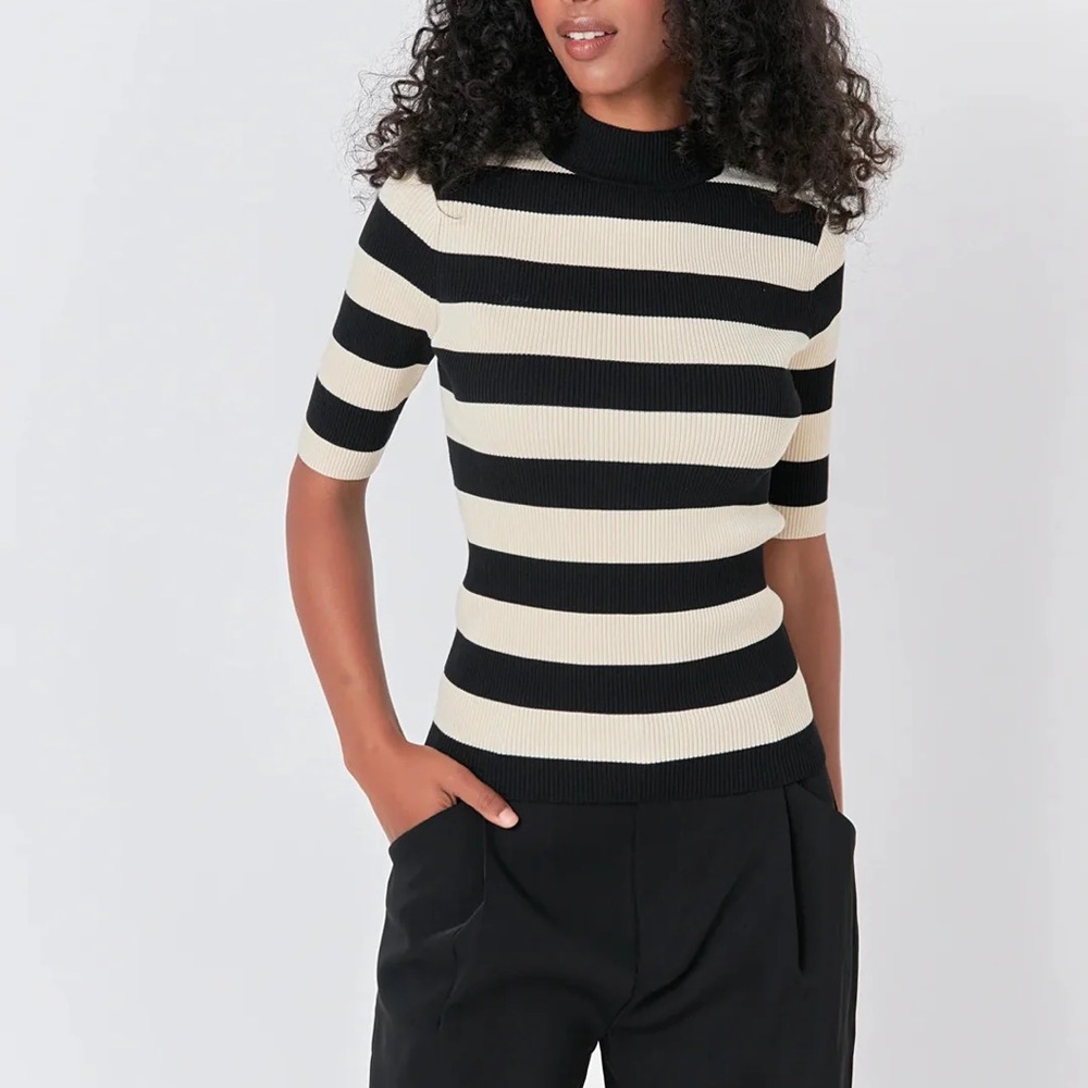 Endless Rose Black & Cream Striped Rib-Knit Top